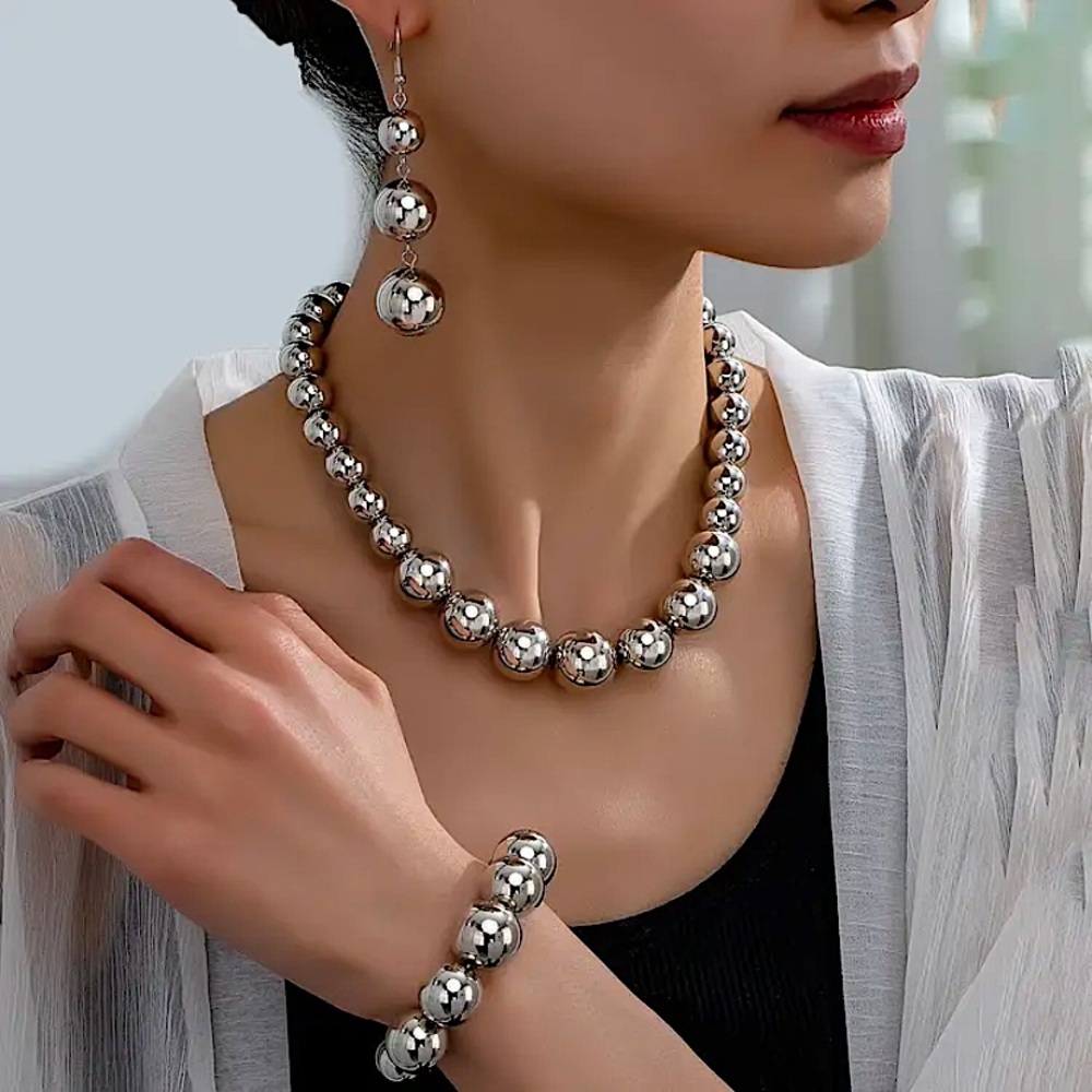 Silver Beaded Ball Necklace Earrings Bracelet Set